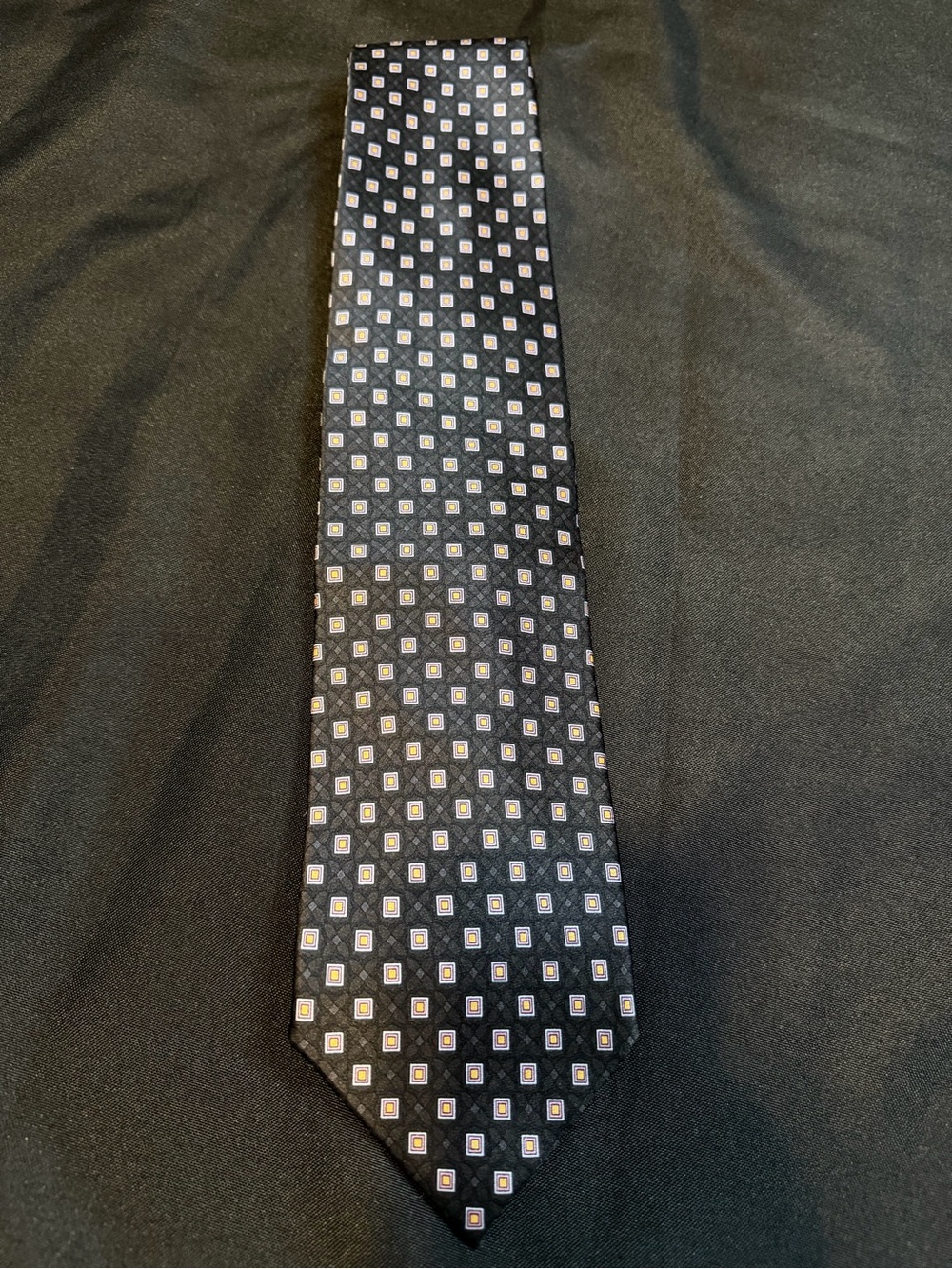 Nordstrom Black Silk Tie with Small Gold and White Square and Diamond Motif